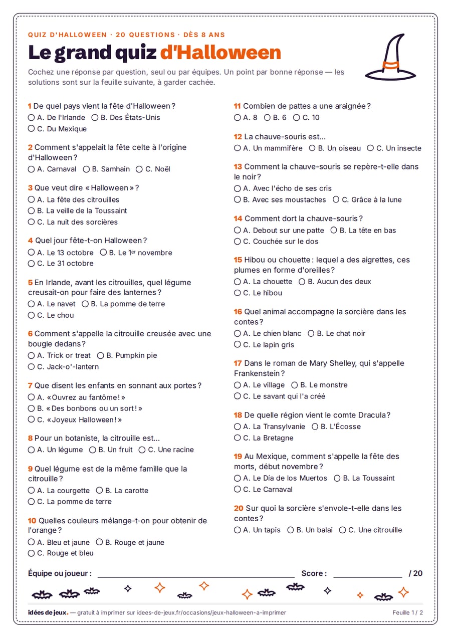 Quiz d'Halloween à imprimer : 20 questions à choix multiple sur les origines de la fête, les citrouilles, les chauves-souris