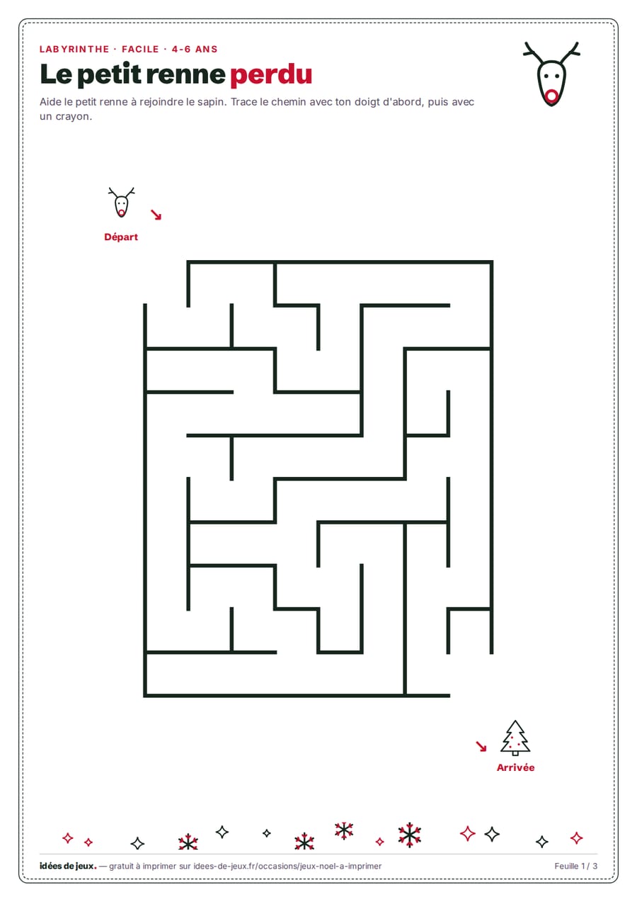 Labyrinthe de Noël à imprimer pour enfants : aider le petit renne à rejoindre le sapin