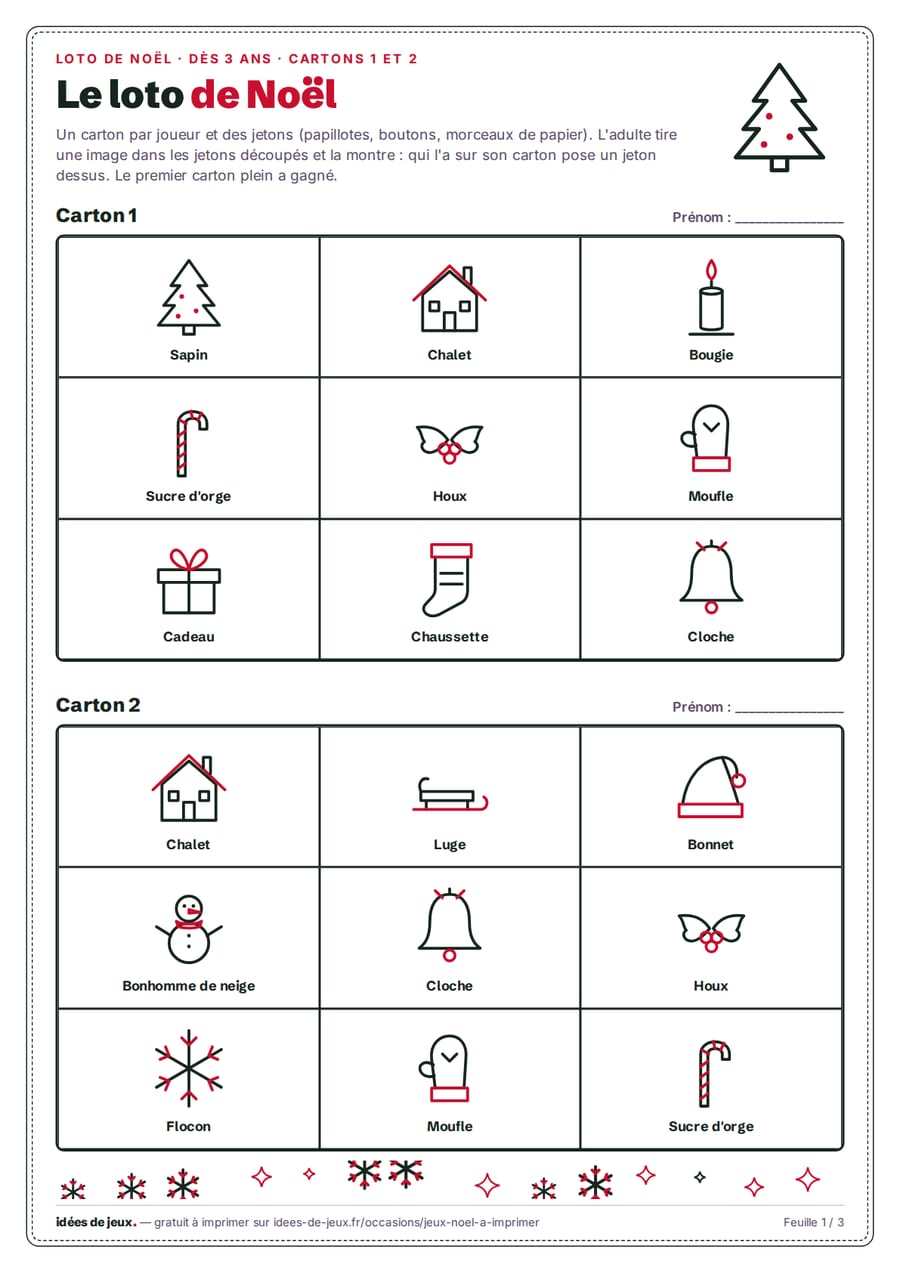 Loto de Noël à imprimer : cartons de neuf images au trait, sapin, cadeau, bonhomme de neige, renne, chaussette