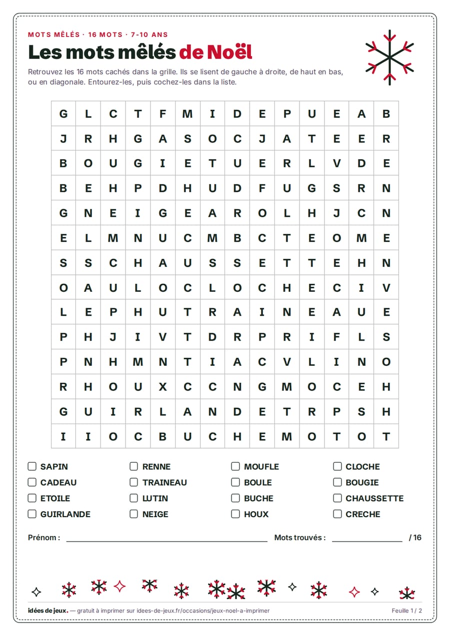 Mots mêlés de Noël à imprimer : grille de 14 cases sur 14 avec 16 mots à retrouver, sapin, guirlande, traîneau