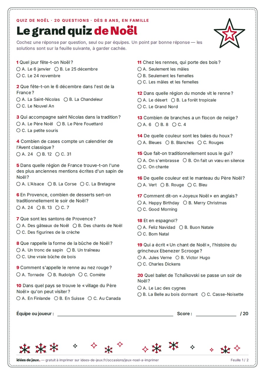 Quiz de Noël à imprimer : 20 questions à choix multiples sur les traditions de Noël, avec les réponses