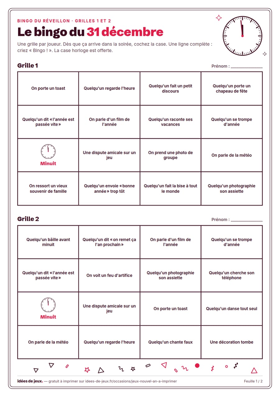 Bingo du réveillon à imprimer : grilles de 16 cases avec des situations de soirée du Nouvel An