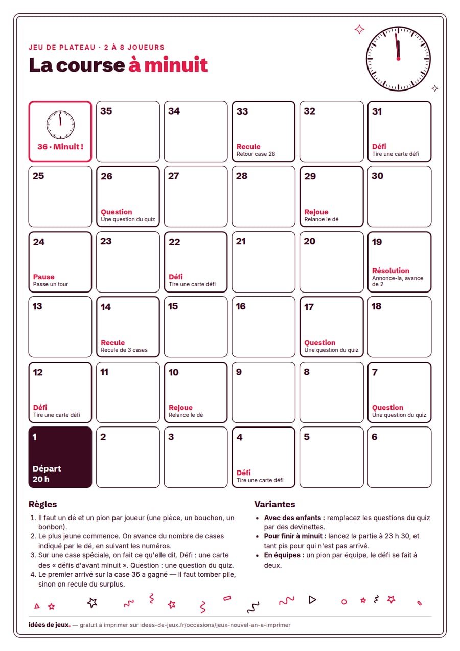 Jeu de plateau du Nouvel An à imprimer : parcours de 36 cases du départ jusqu'à minuit avec cases défi et question