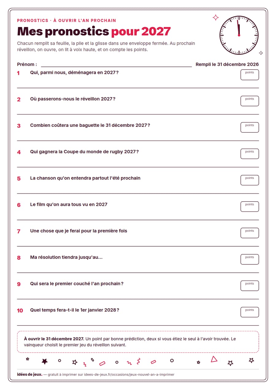 Feuille de pronostics du Nouvel An à imprimer : 10 prédictions à remplir et à rouvrir au réveillon suivant